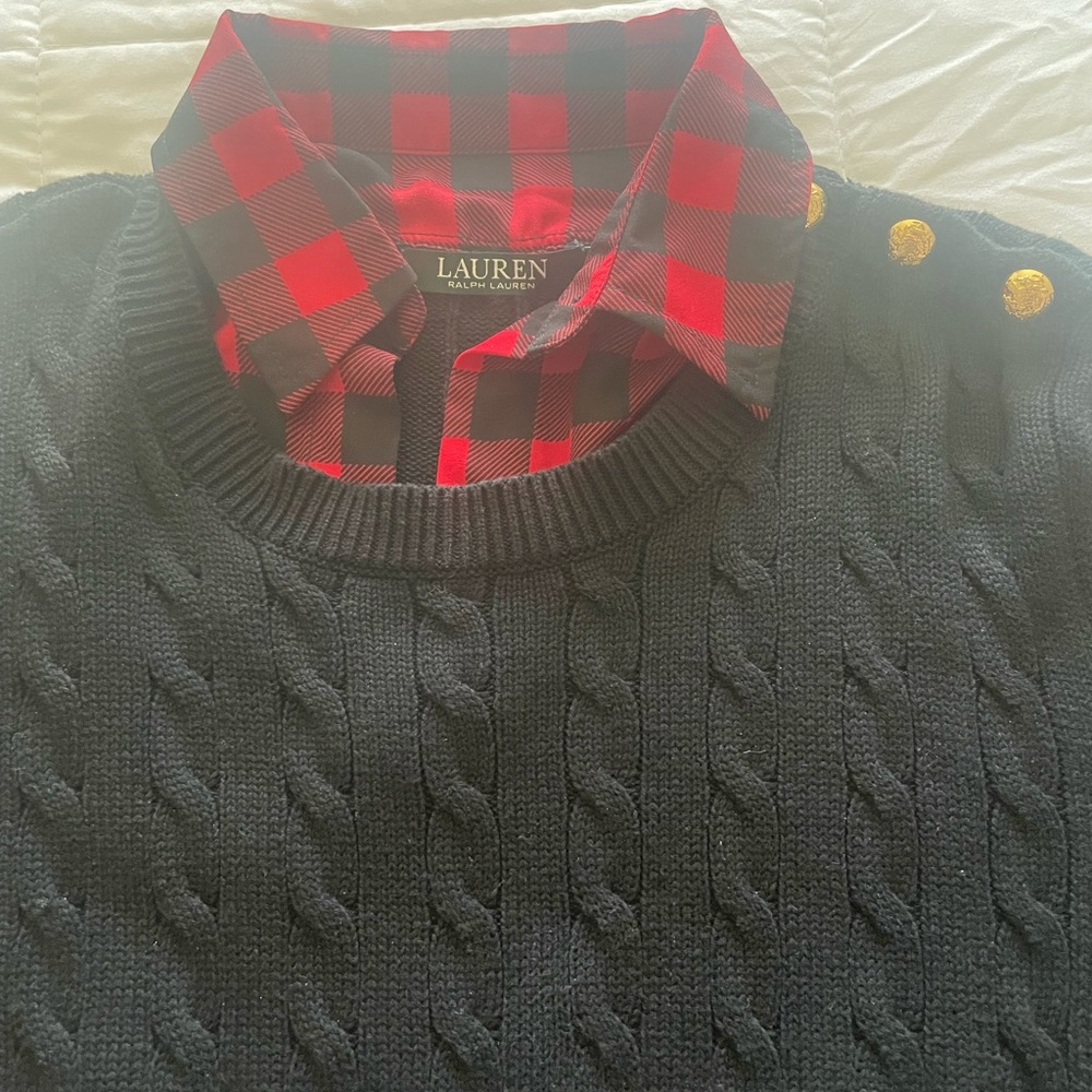 Lauren Ralph Lauren sweater with plaid under shirt.